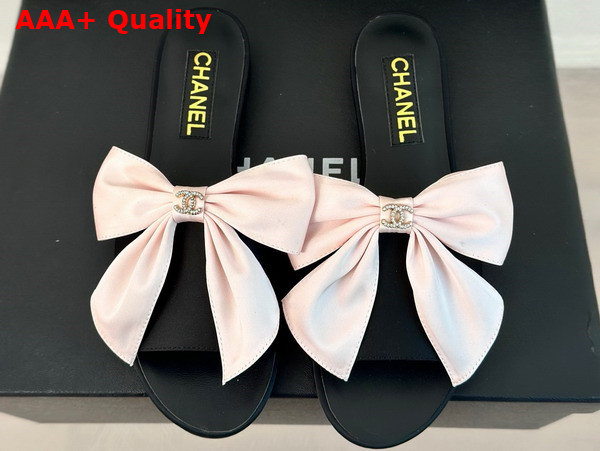 Chanel Mules in Black Satin with Pink Satin Bow Replica