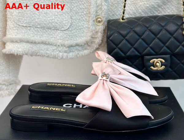 Chanel Mules in Black Satin with Pink Satin Bow Replica