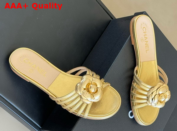 Chanel Mules in Light Gold Lambskin with Flower Replica