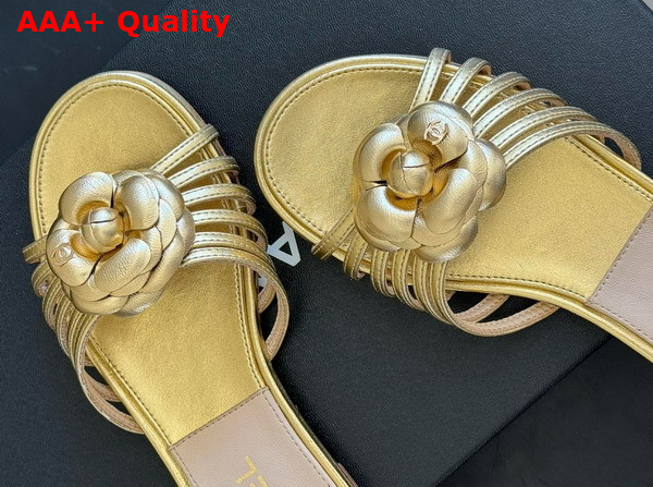 Chanel Mules in Light Gold Lambskin with Flower Replica