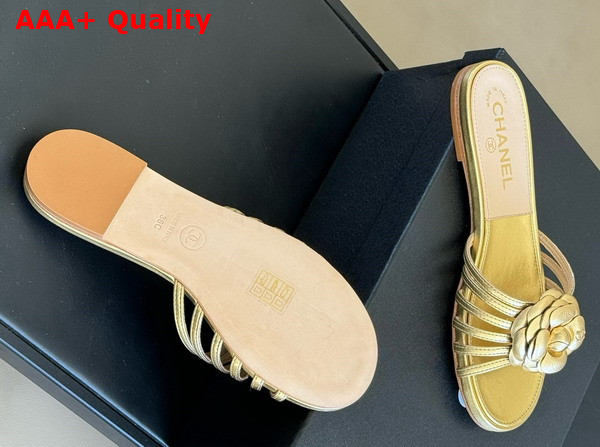 Chanel Mules in Light Gold Lambskin with Flower Replica