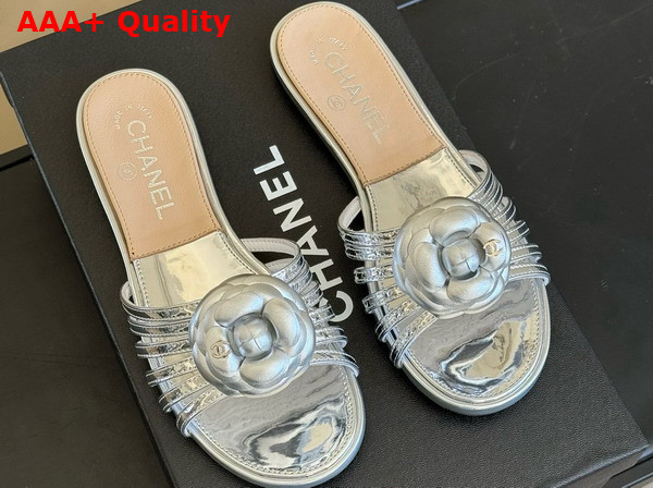 Chanel Mules in Metallic Silver Leather with Flower Replica