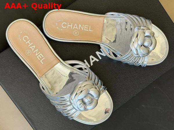 Chanel Mules in Metallic Silver Leather with Flower Replica