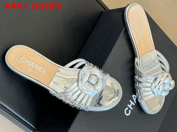 Chanel Mules in Metallic Silver Leather with Flower Replica