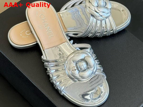 Chanel Mules in Metallic Silver Leather with Flower Replica