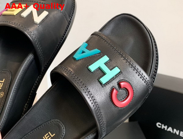 Chanel Mules with Multicolor Letter Logo Black Lambskin G38933 Replica