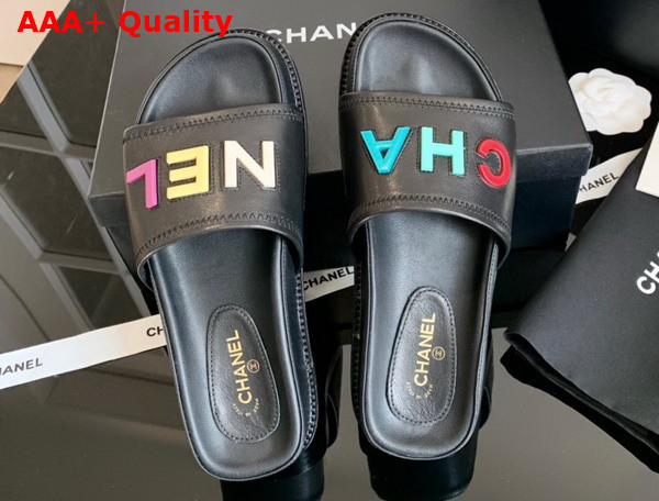 Chanel Mules with Multicolor Letter Logo Black Lambskin G38933 Replica