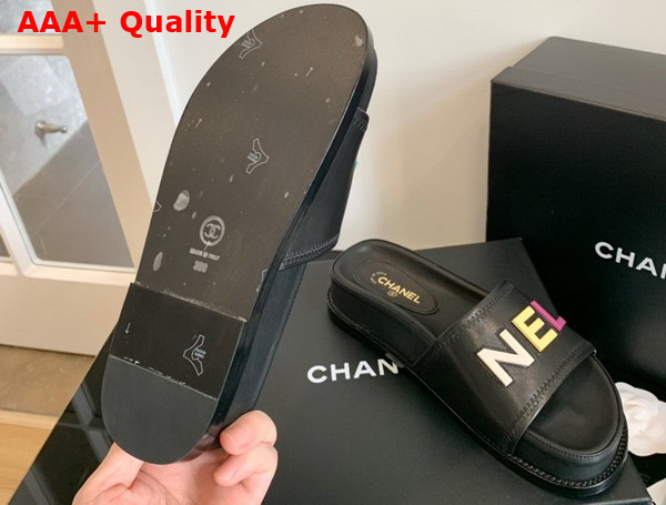 Chanel Mules with Multicolor Letter Logo Black Lambskin G38933 Replica