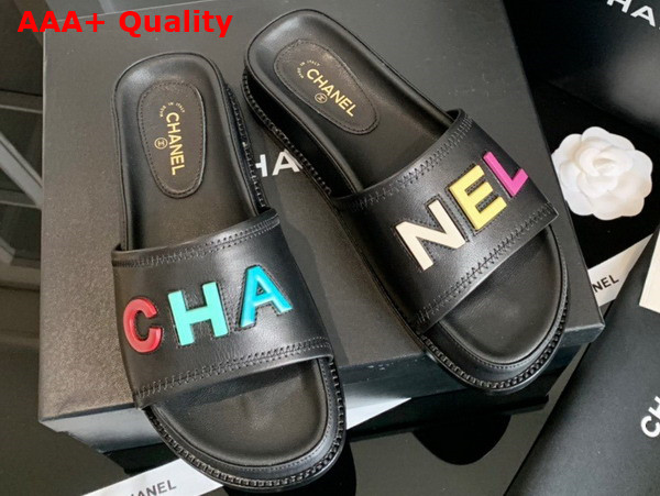 Chanel Mules with Multicolor Letter Logo Black Lambskin G38933 Replica