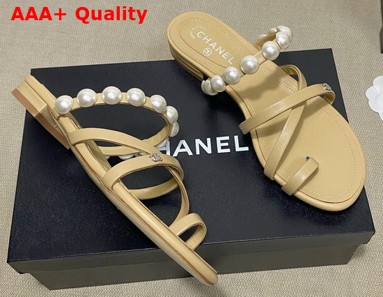 Chanel Mules with Pearls Beige Leather G37274 Replica