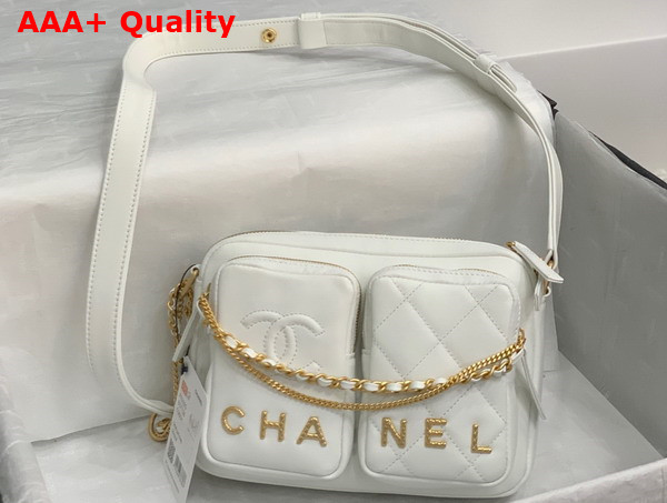 Chanel Multi Pocket Shoulder Bag in White Lambskin Replica