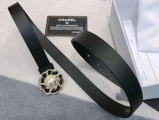 Chanel Narrow Belt in Black Calfskin with Chain Flower Buckle