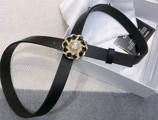 Chanel Narrow Belt in Black Calfskin with Chain Flower Buckle