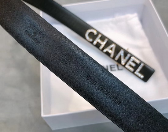 Chanel Narrow Belt in Black Calfskin with Chanel Lettering Buckle