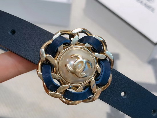 Chanel Narrow Belt in Blue Calfskin with Chain Flower Buckle