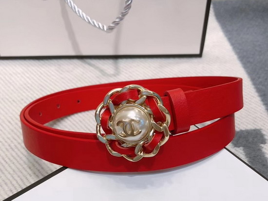 Chanel Narrow Belt in Red Calfskin with Chain Flower Buckle