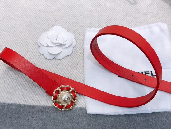 Chanel Narrow Belt in Red Calfskin with Chain Flower Buckle