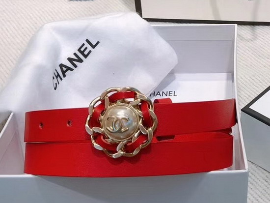 Chanel Narrow Belt in Red Calfskin with Chain Flower Buckle