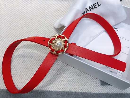 Chanel Narrow Belt in Red Calfskin with Chain Flower Buckle