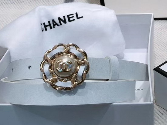 Chanel Narrow Belt in White Calfskin with Chain Flower Buckle