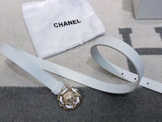 Chanel Narrow Belt in White Calfskin with Chain Flower Buckle