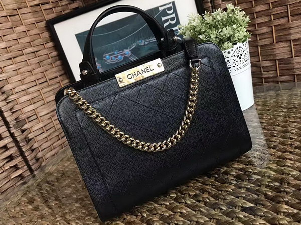 Chanel New Shopping Bag in Black Grained Calfskin with Gold Tone Metal For Sale