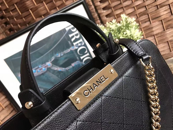 Chanel New Shopping Bag in Black Grained Calfskin with Gold Tone Metal For Sale