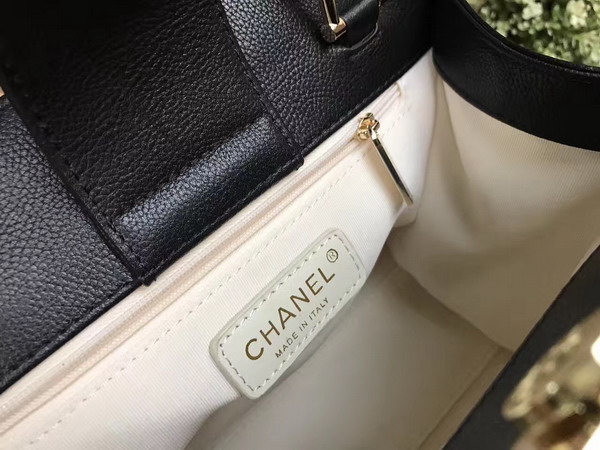 Chanel New Shopping Bag in Black Grained Calfskin with Gold Tone Metal For Sale