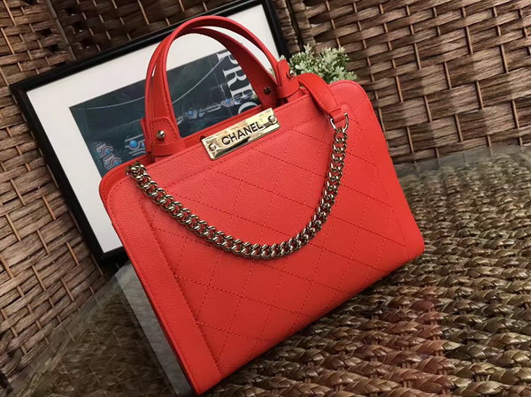 Chanel New Shopping Bag in Orange Grained Calfskin with Gold Tone Metal For Sale