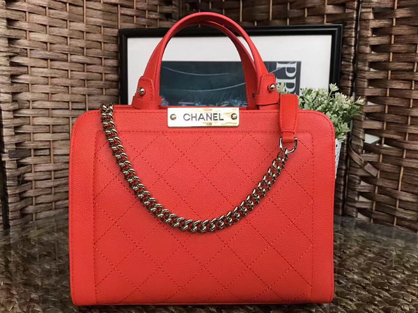 Chanel New Shopping Bag in Orange Grained Calfskin with Gold Tone Metal For Sale