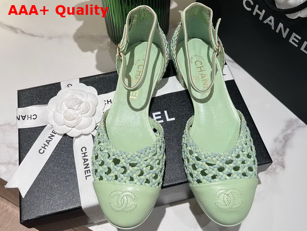 Chanel Open Shoes Braided Lambskin Braided Fabric Light Green and Turquoise Ref G38764 Replica