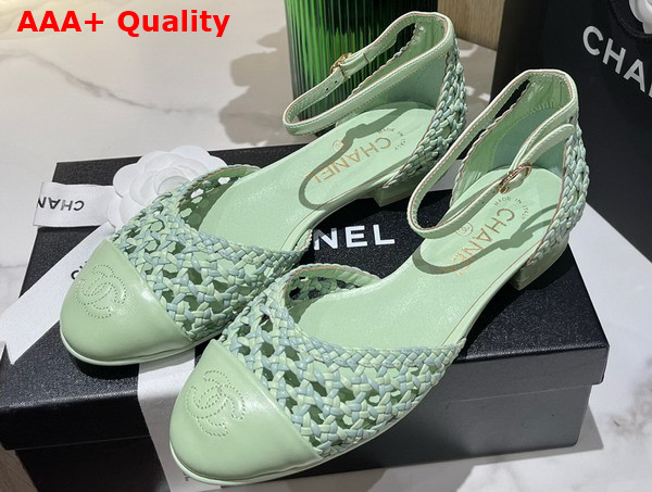 Chanel Open Shoes Braided Lambskin Braided Fabric Light Green and Turquoise Ref G38764 Replica