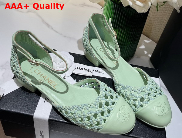 Chanel Open Shoes Braided Lambskin Braided Fabric Light Green and Turquoise Ref G38764 Replica