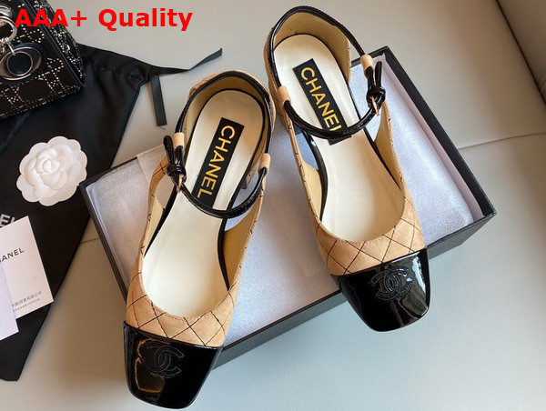 Chanel Open Shoes in Beige Suede and Black Patent Leather Replica