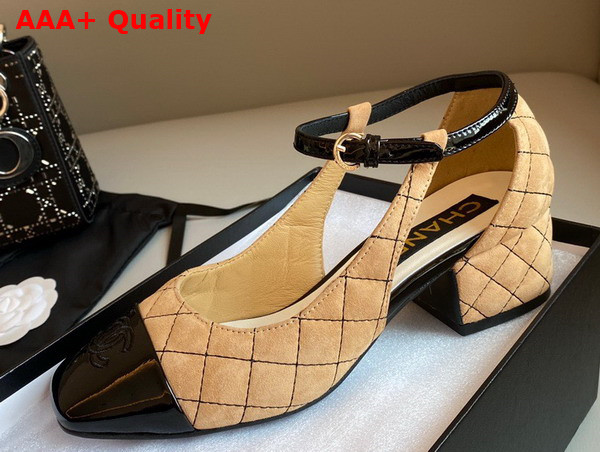 Chanel Open Shoes in Beige Suede and Black Patent Leather Replica