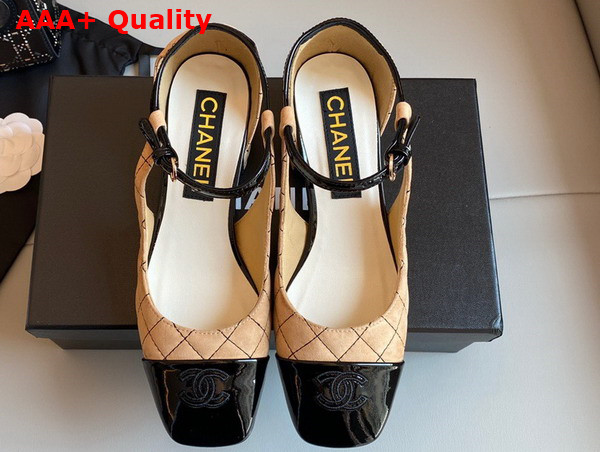 Chanel Open Shoes in Beige Suede and Black Patent Leather Replica