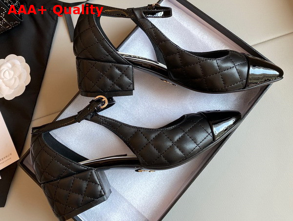 Chanel Open Shoes in Black Quilted Lambskin and Patent Leather Replica