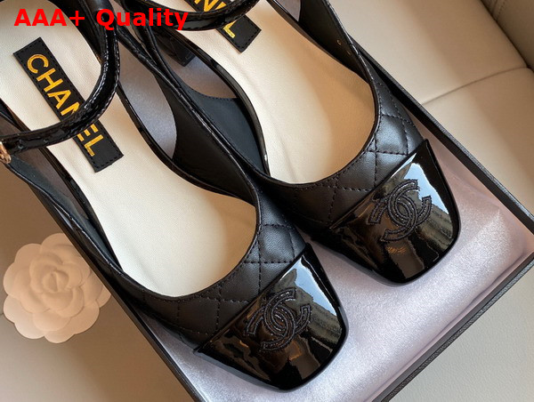 Chanel Open Shoes in Black Quilted Lambskin and Patent Leather Replica