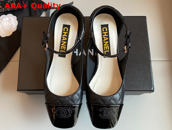 Chanel Open Shoes in Black Quilted Lambskin and Patent Leather Replica