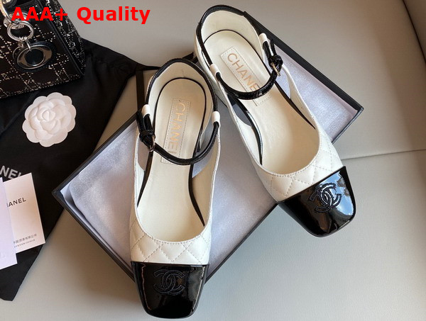 Chanel Open Shoes in White Quilted Lambskin and Black Patent Leather Replica