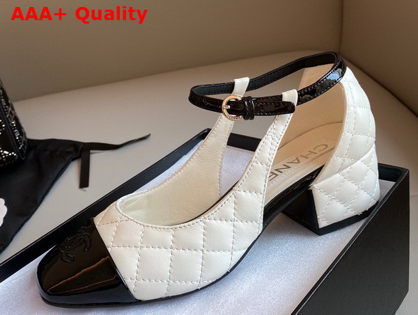 Chanel Open Shoes in White Quilted Lambskin and Black Patent Leather Replica