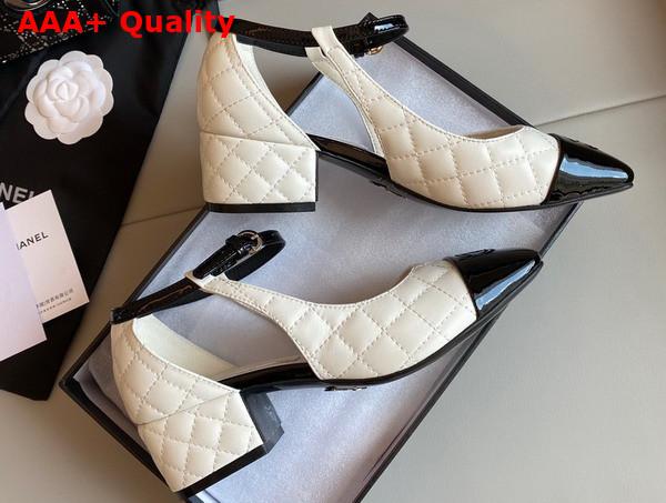 Chanel Open Shoes in White Quilted Lambskin and Black Patent Leather Replica