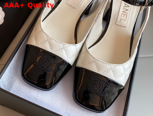 Chanel Open Shoes in White Quilted Lambskin and Black Patent Leather Replica