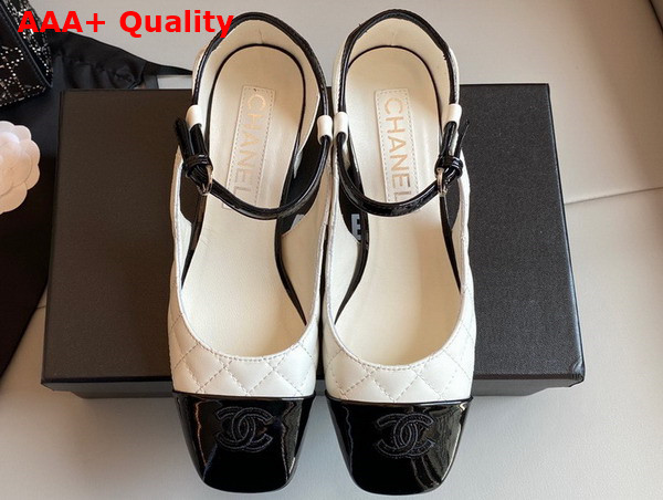 Chanel Open Shoes in White Quilted Lambskin and Black Patent Leather Replica