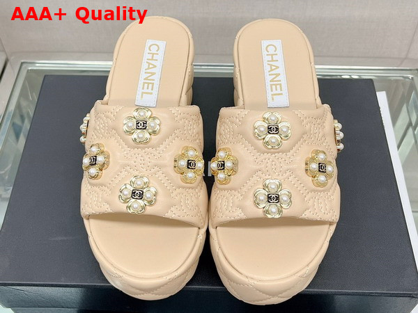 Chanel Platfrom Mules in Beige Embroidered Lambskn and Pearl Flowers Replica