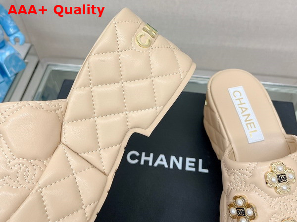 Chanel Platfrom Mules in Beige Embroidered Lambskn and Pearl Flowers Replica