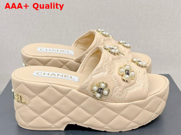 Chanel Platfrom Mules in Beige Embroidered Lambskn and Pearl Flowers Replica