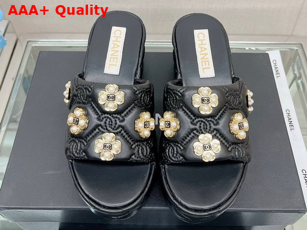 Chanel Platfrom Mules in Black Embroidered Lambskn and Pearl Flowers Replica