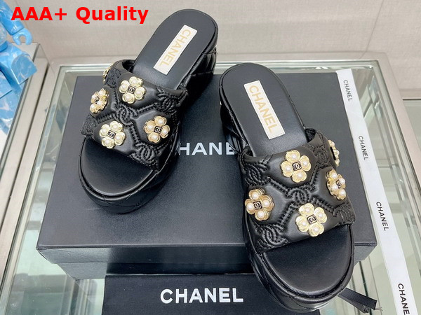 Chanel Platfrom Mules in Black Embroidered Lambskn and Pearl Flowers Replica