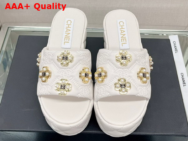 Chanel Platfrom Mules in White Embroidered Lambskn and Pearl Flowers Replica